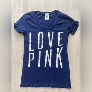 Victoria’s Secret PINK Love Pink T-Shirt Women’s Medium Blue Graphic Logo Tee